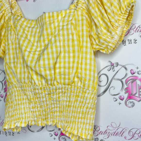 Sim & Sam top milkmaid gingham picnic yellow white tie up corset back stretchy - Picture 5 of 9